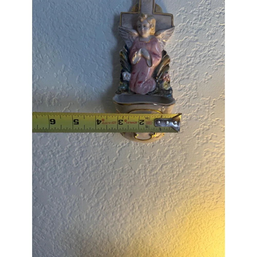 Vintage Porcelain Angel and Cross Holy Water Font - Hand Painted- Gold Trim - Picture 9 of 11
